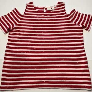 Chico's Sz  3 Red/White  Sequins Striped Cold Shoulder Women's Knit Top …